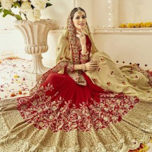 Red Color Georgette Bridal Embroidered Saree With Blouse Piece