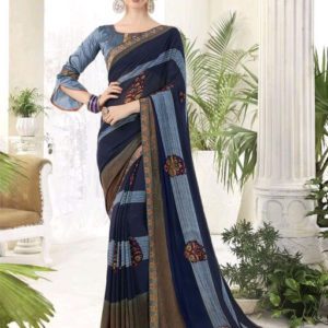 Roj Blue Color Georgette Daily Printed Saree With Blouse Piece