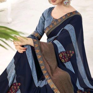 Roj Blue Color Georgette Daily Printed Saree With Blouse Piece