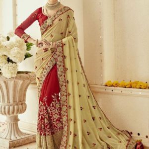 Red Color Georgette Bridal Embroidered Saree With Blouse Piece
