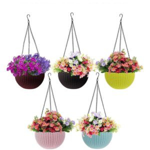 Rojdeal 5 PCS Hanging Baskets Rattan Waven Flower Pot Plant Pot with Hanging Chain for Houseplants Garden Balcony Decoration in Multicolor