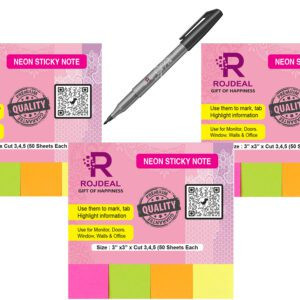 Rojdeal Sticky Notes, Mini Text Highlighter Strips 5 Sets Neon Colored Index Tabs Flags Fluorescent Sticky Note for Marking for Page Marker for Office, College, School Use (Pack of 3) (Total-750 Flags) with sign pen