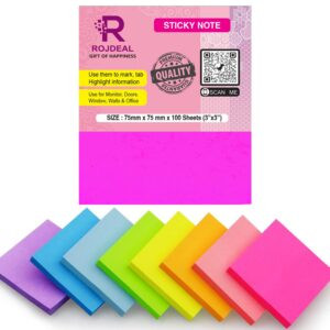 Rojdeal Super Sticky Notes, 2X Sticking Power, in Bright neon Colors for Notes and Reminders, 3 in. x 3 in,10 Pads/Pack,1000 Sheet