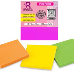 Rojdeal Super Sticky Notes, 2X Sticking Power, in Bright neon Colors for Notes and Reminders, 3 in. x 3 in,4 Pads/Pack, 400 Sheets