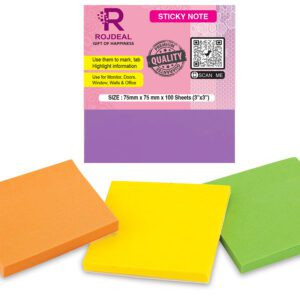 Rojdeal Super Sticky Notes, 2X Sticking Power, in Bright neon Colors for Notes and Reminders, 3 in. x 3 in,4 Pads/Pack, 400 Sheet