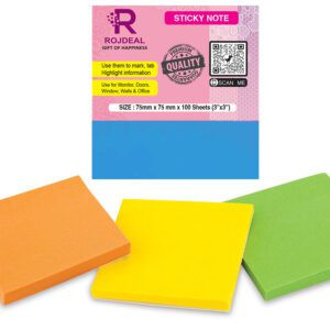 Rojdeal Super Sticky Notes, 2X Sticking Power, in Bright neon Colors for Notes and Reminders, 3 in. x 3 in,4 Pads/Pack, 400 Sheets