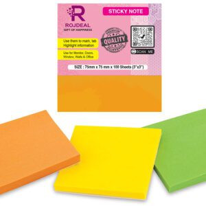 Rojdeal Super Sticky Notes, 2X Sticking Power, in Bright neon Colors for Notes and Reminders, 3 in. x 3 in,3 Pads/Pack, 300 Sheets