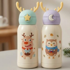 Cartoon Water Bottle for Kids with Straw & Strap – 500ml Leakproof Sipper Bottle | BPA-Free & Non-Toxic| Vacuum Insulated Toddler Perfect for Kids’ School and Home